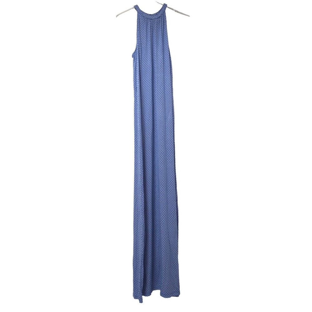 Old Navy Womens Maxi Dress M Blue White Ditsy Floral Sleeveless Knit High Neck